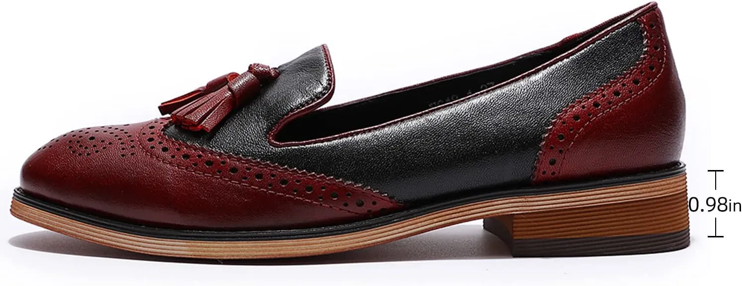 Mona flying Women's Leather Tassel Loafer Slip on Wingtip Brogue Dress Casual Flat Office Work Shoes for Ladies