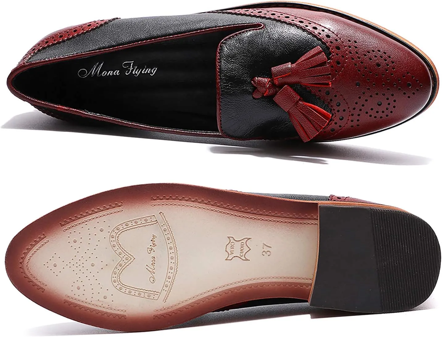 Mona flying Women's Leather Tassel Loafer Slip on Wingtip Brogue Dress Casual Flat Office Work Shoes for Ladies