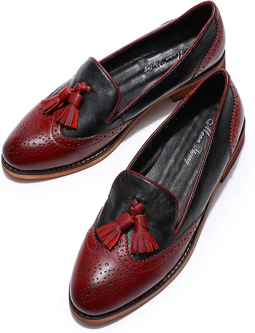 Mona flying Women's Leather Tassel Loafer Slip on Wingtip Brogue Dress Casual Flat Office Work Shoes for Ladies