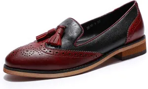 Mona flying Women's Leather Tassel Loafer Slip on Wingtip Brogue Dress Casual Flat Office Work Shoes for Ladies