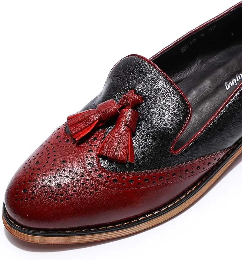 Mona flying Women's Leather Tassel Loafer Slip on Wingtip Brogue Dress Casual Flat Office Work Shoes for Ladies