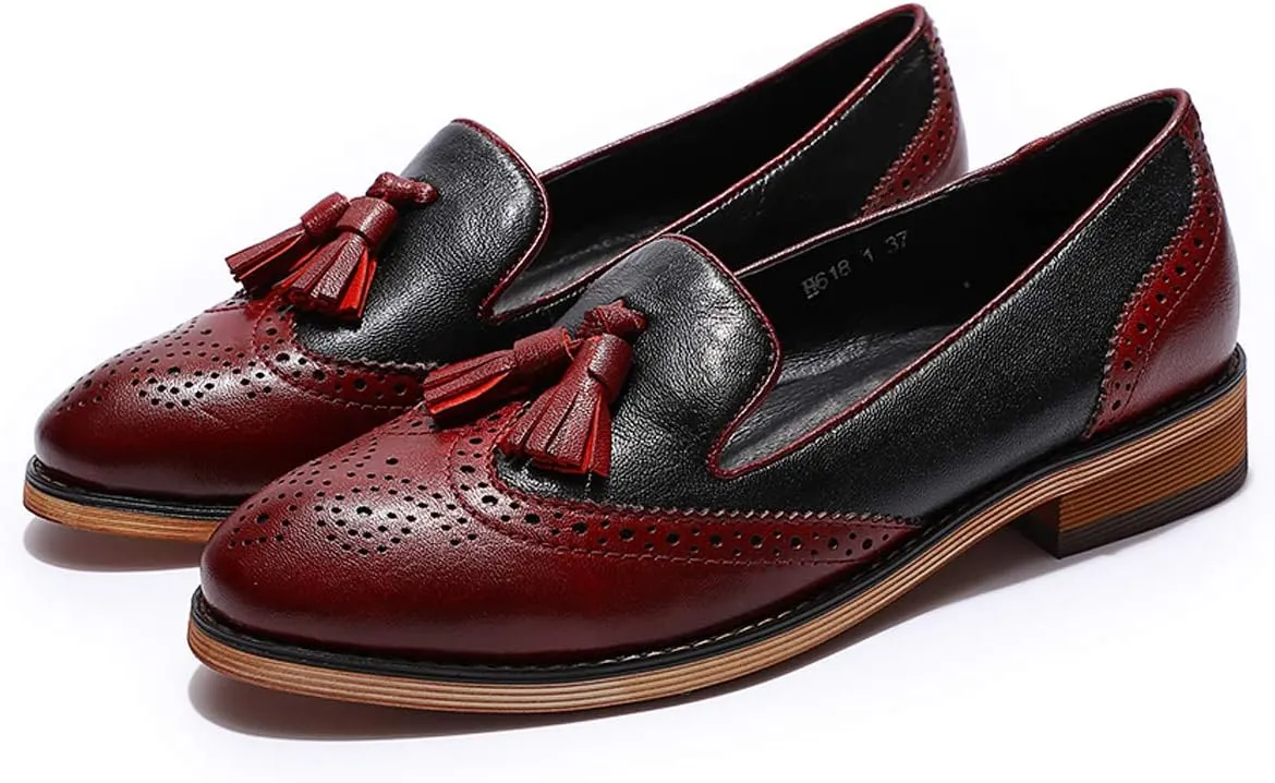 Mona flying Women's Leather Tassel Loafer Slip on Wingtip Brogue Dress Casual Flat Office Work Shoes for Ladies