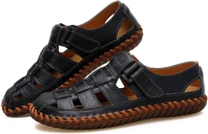 Moodeng Mens Sport Sandals Closed Toe Outdoor Fisherman Shoes Leather Summer Beach Loafters Breathable Anti-Slip