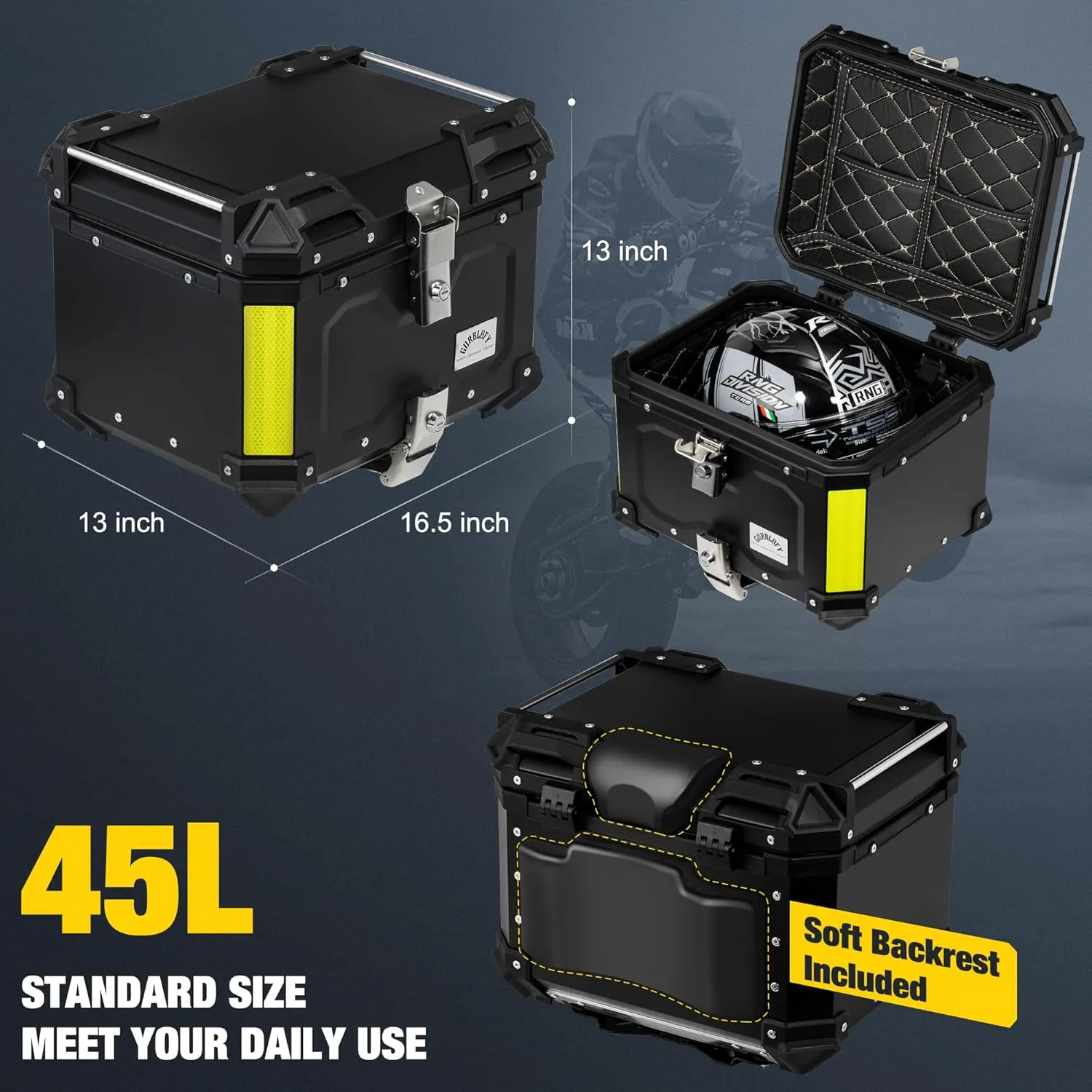 Motorcycle Top Case, 45L Aluminum Motorcycle Trunk, Tail Box Bag with Anti-Theft Lock System, Waterproof, Rustproof and Dustproof, Easy Installation with Universal Bracket, Black