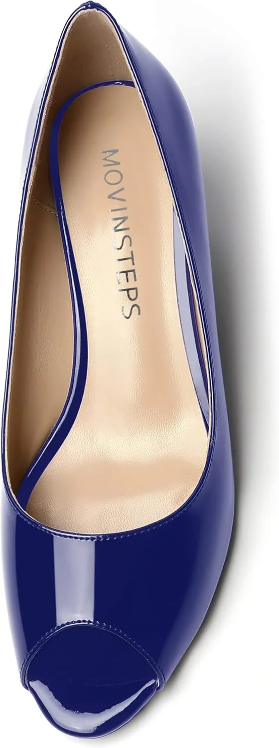 MOVINSTEPS Womens Patent Peep Toe Fashion Slip On Party Open Toe Wedge Low Heel Pumps Shoes 2 Inch
