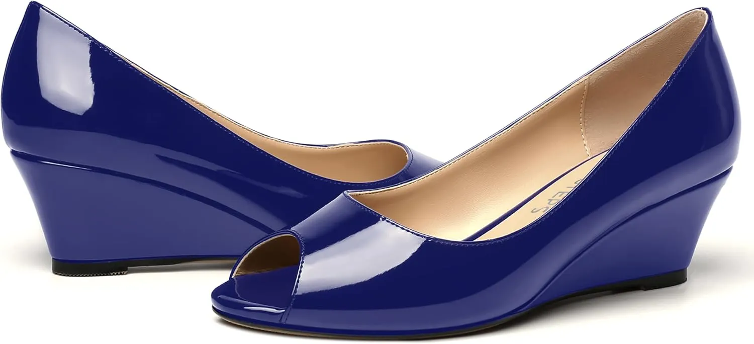 MOVINSTEPS Womens Patent Peep Toe Fashion Slip On Party Open Toe Wedge Low Heel Pumps Shoes 2 Inch