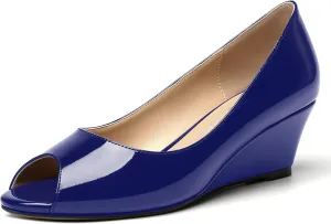 MOVINSTEPS Womens Patent Peep Toe Fashion Slip On Party Open Toe Wedge Low Heel Pumps Shoes 2 Inch