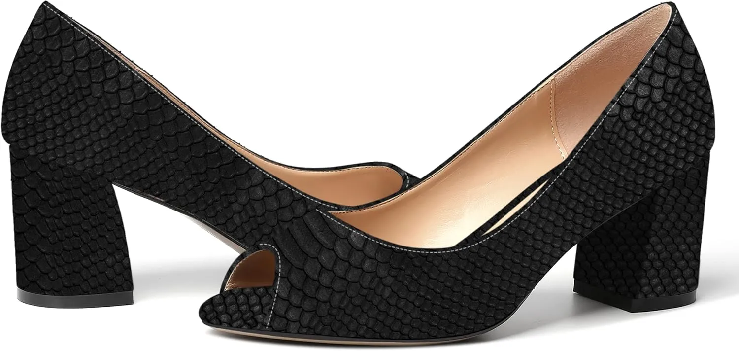 MOVINSTEPS Womens Slip On Dating Peep Toe Dress Patent Block Mid Heel Pumps Shoes 2.5 Inch