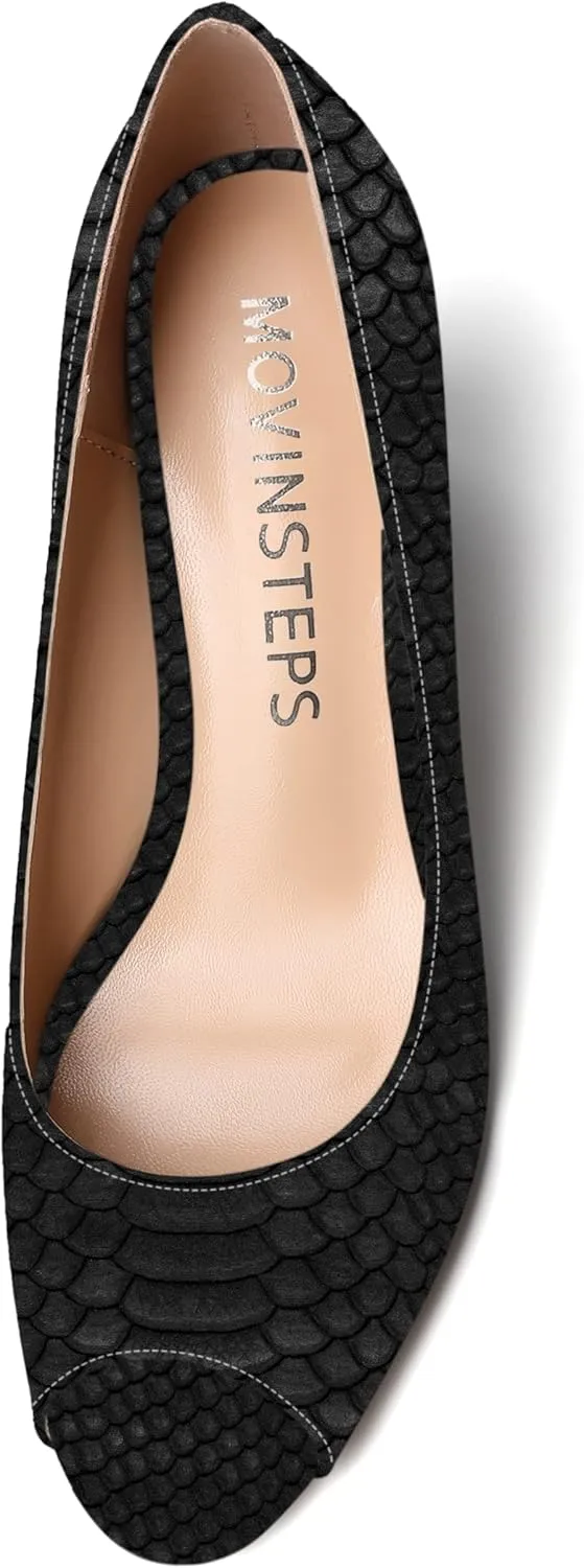 MOVINSTEPS Womens Slip On Dating Peep Toe Dress Patent Block Mid Heel Pumps Shoes 2.5 Inch