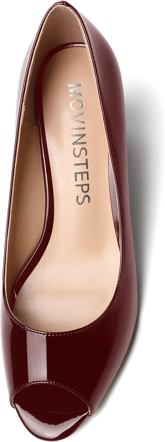 MOVINSTEPS Womens Slip On Dating Peep Toe Dress Patent Block Mid Heel Pumps Shoes 2.5 Inch