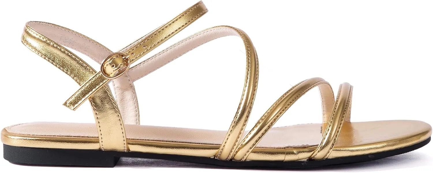 Mtzyoa Women Flat Sandals Dressy Strappy Gladiator Summer Ankle Strap Nude Open Toe Comfortable Wedding Casual Leather Ladies Party Trendy Vacation