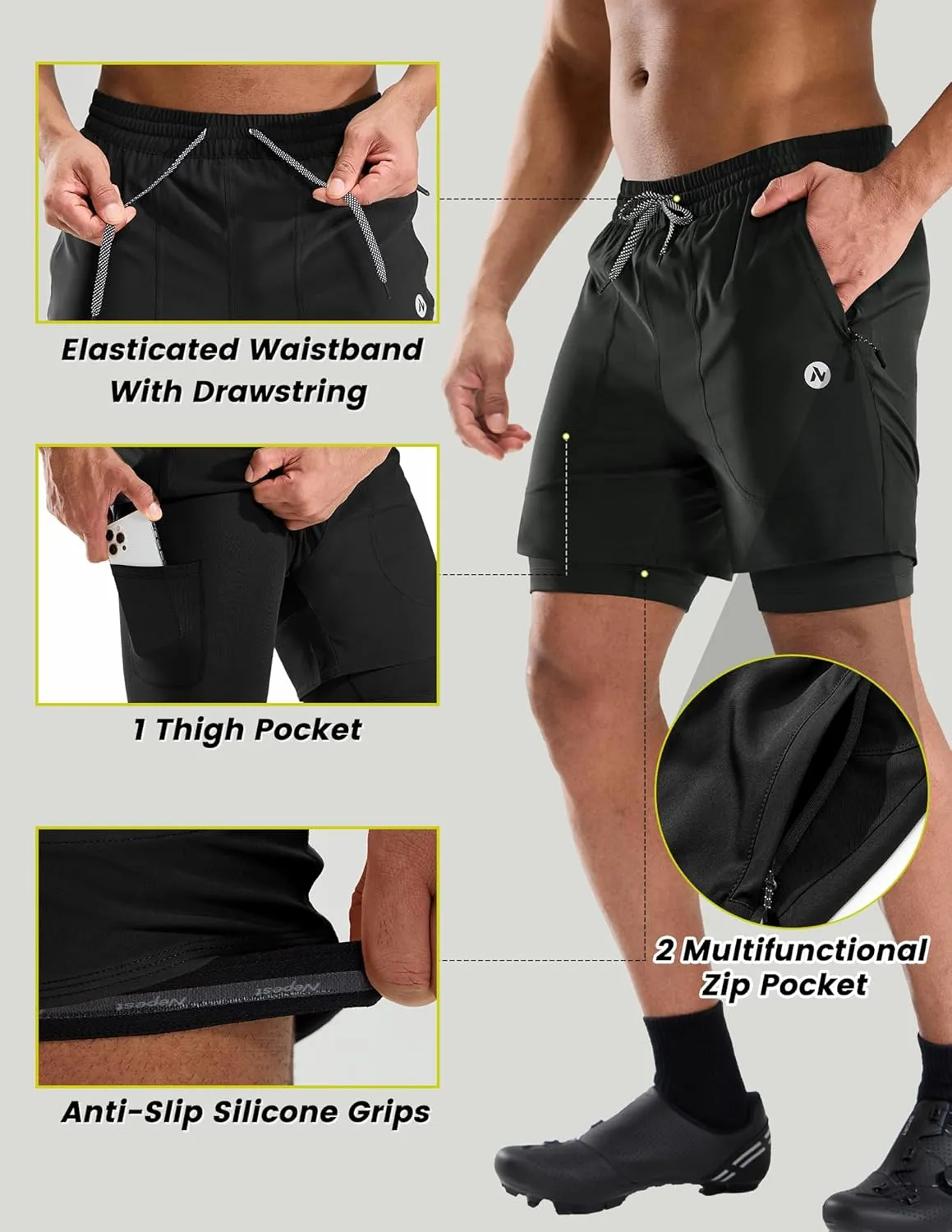 Nepest Mens Mountain Bike Shorts 3D Padded MTB Shorts Bicycle Biking Biker Baggy Cycling Shorts with Zipper Pockets