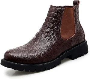New Men's Chelsea Ankle Boots Crocodile Print Elastic Bandage Genuine Leather Slip On Non Waterproof Wearable Dress Slip On