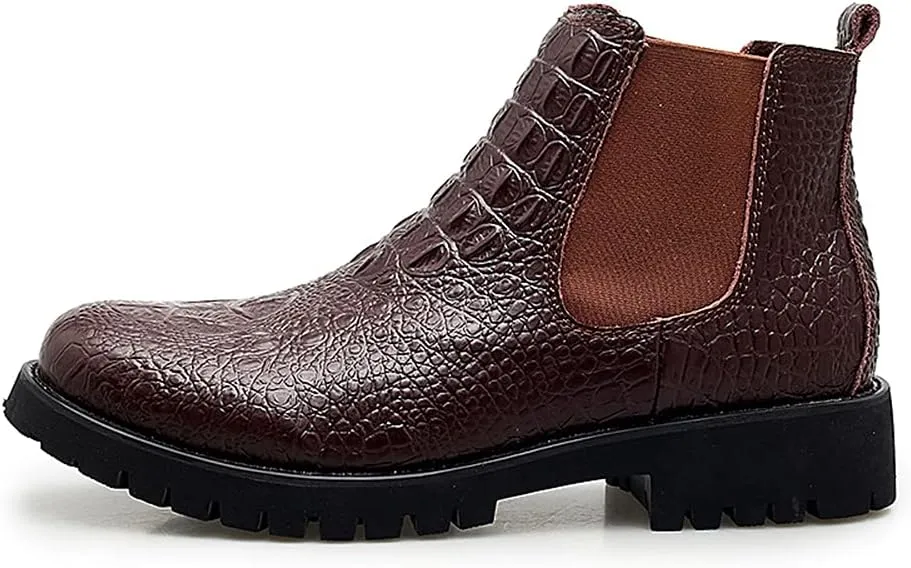 New Men's Chelsea Ankle Boots Crocodile Print Elastic Bandage Genuine Leather Slip On Non Waterproof Wearable Dress Slip On