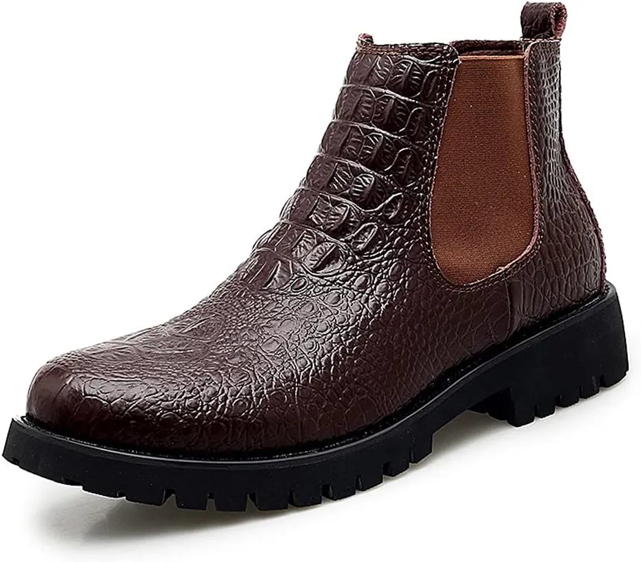 New Men's Chelsea Ankle Boots Crocodile Print Elastic Bandage Genuine Leather Slip On Non Waterproof Wearable Dress Slip On