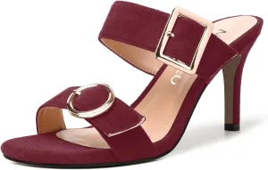 NUMALEO Womens Evening Sexy Round Toe Slip On Two Strap Buckle Suede Stiletto High Heel Heeled Sandals 3.3 Inch