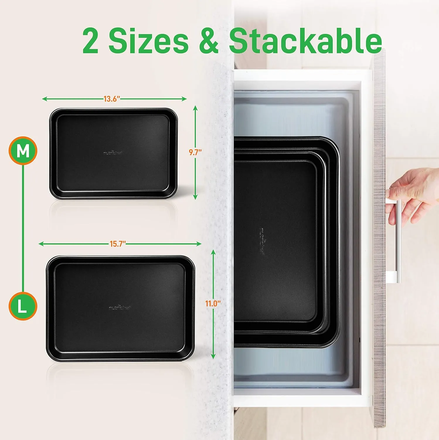 NutriChef Baking Sheet Pan Set, Non-Stick Cookie Sheets for Oven, 2-Piece Premium Large & Medium Size Baking Trays, Stackable & Durable, Black - NC2TRBL.5