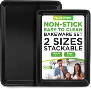 NutriChef Baking Sheet Pan Set, Non-Stick Cookie Sheets for Oven, 2-Piece Premium Large & Medium Size Baking Trays, Stackable & Durable, Black - NC2TRBL.5