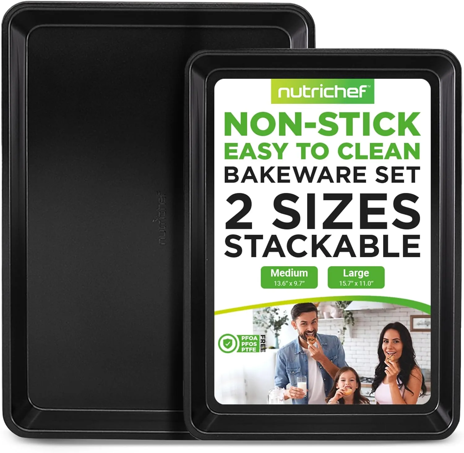 NutriChef Baking Sheet Pan Set, Non-Stick Cookie Sheets for Oven, 2-Piece Premium Large & Medium Size Baking Trays, Stackable & Durable, Black - NC2TRBL.5