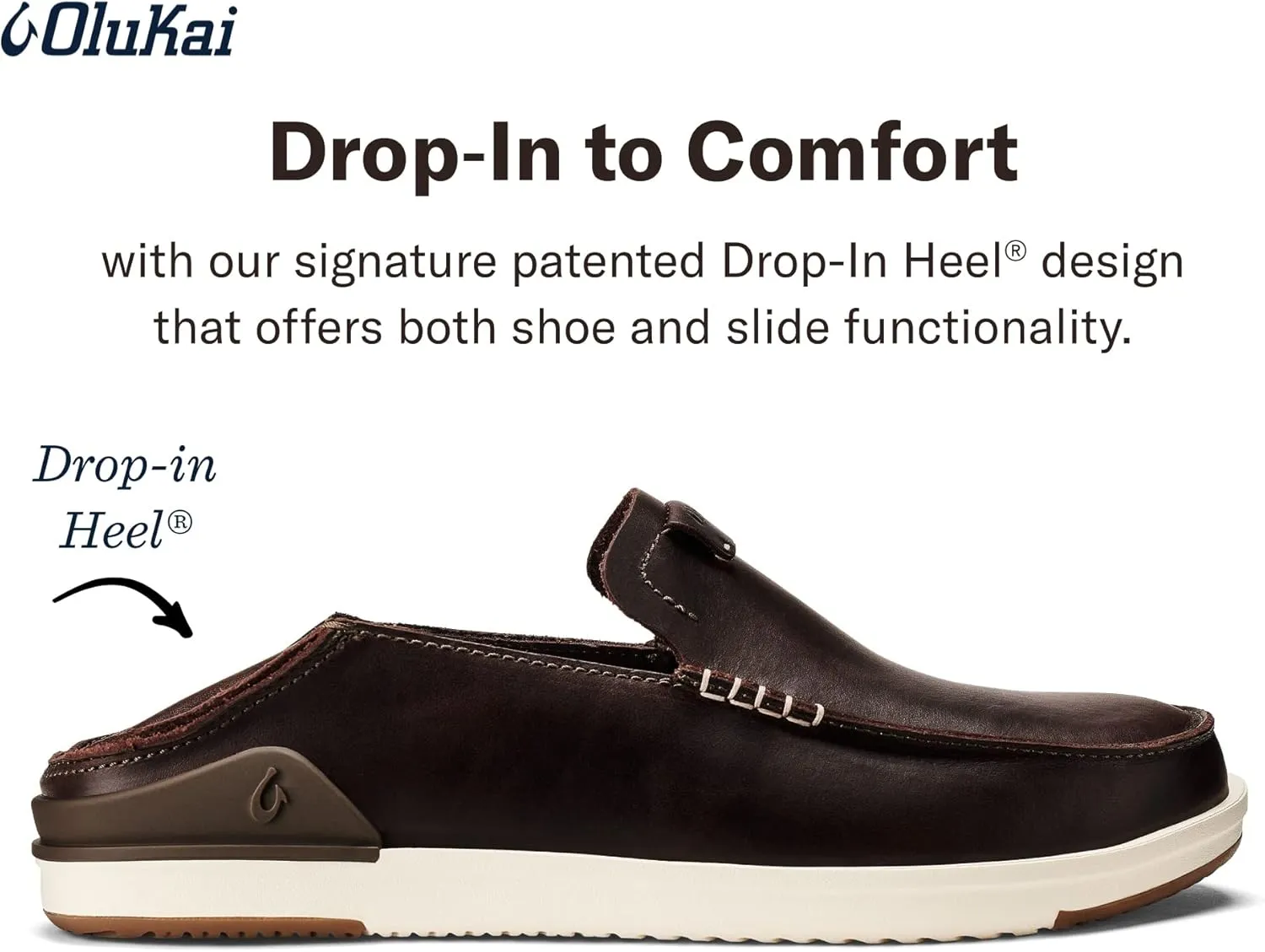 OLUKAI Kakaha Men's Slip-On Shoes, Full-Grain Leather Sneakers, Gel Insert for Comfort & Support, Comfort Fit & Wet Grip Rubber