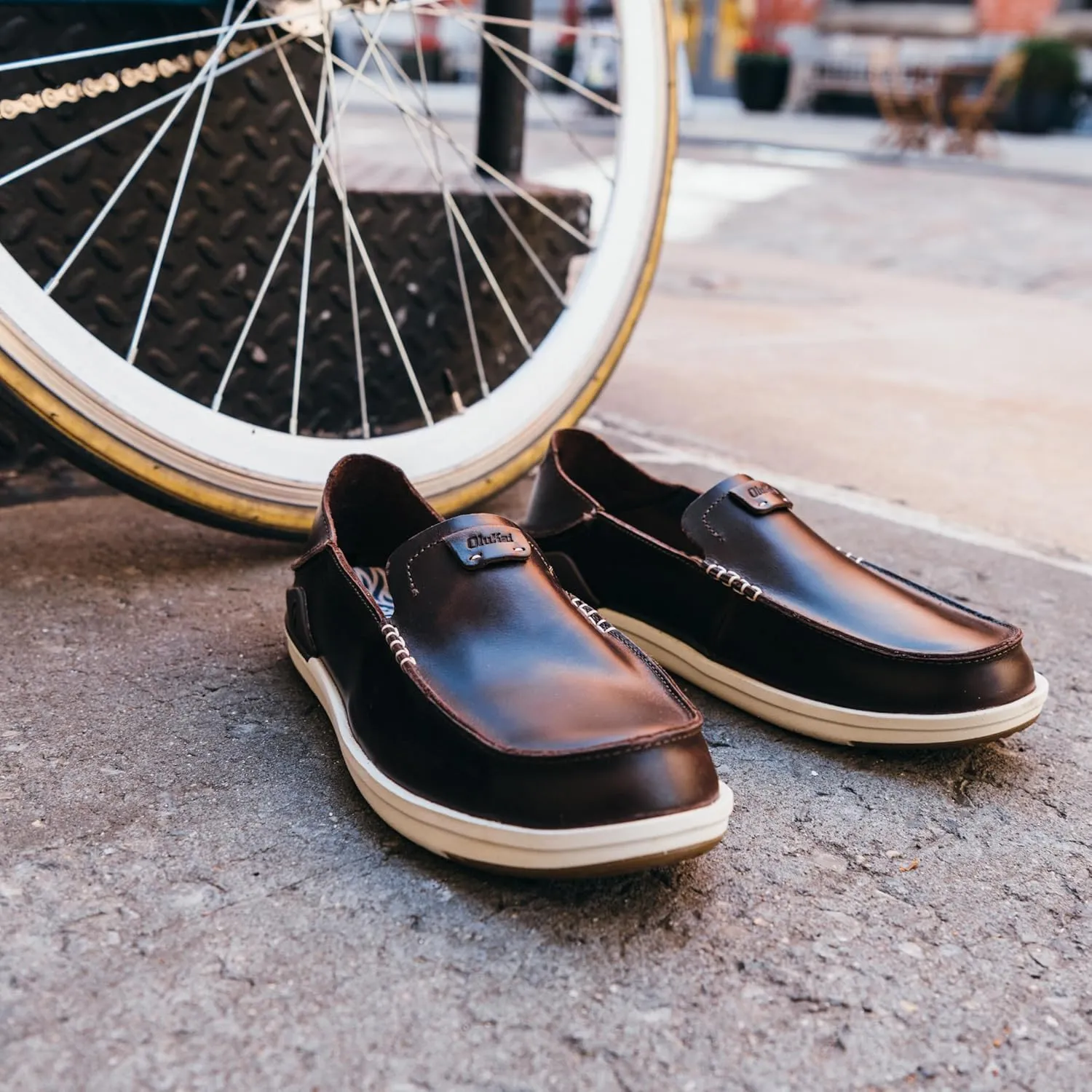 OLUKAI Kakaha Men's Slip-On Shoes, Full-Grain Leather Sneakers, Gel Insert for Comfort & Support, Comfort Fit & Wet Grip Rubber
