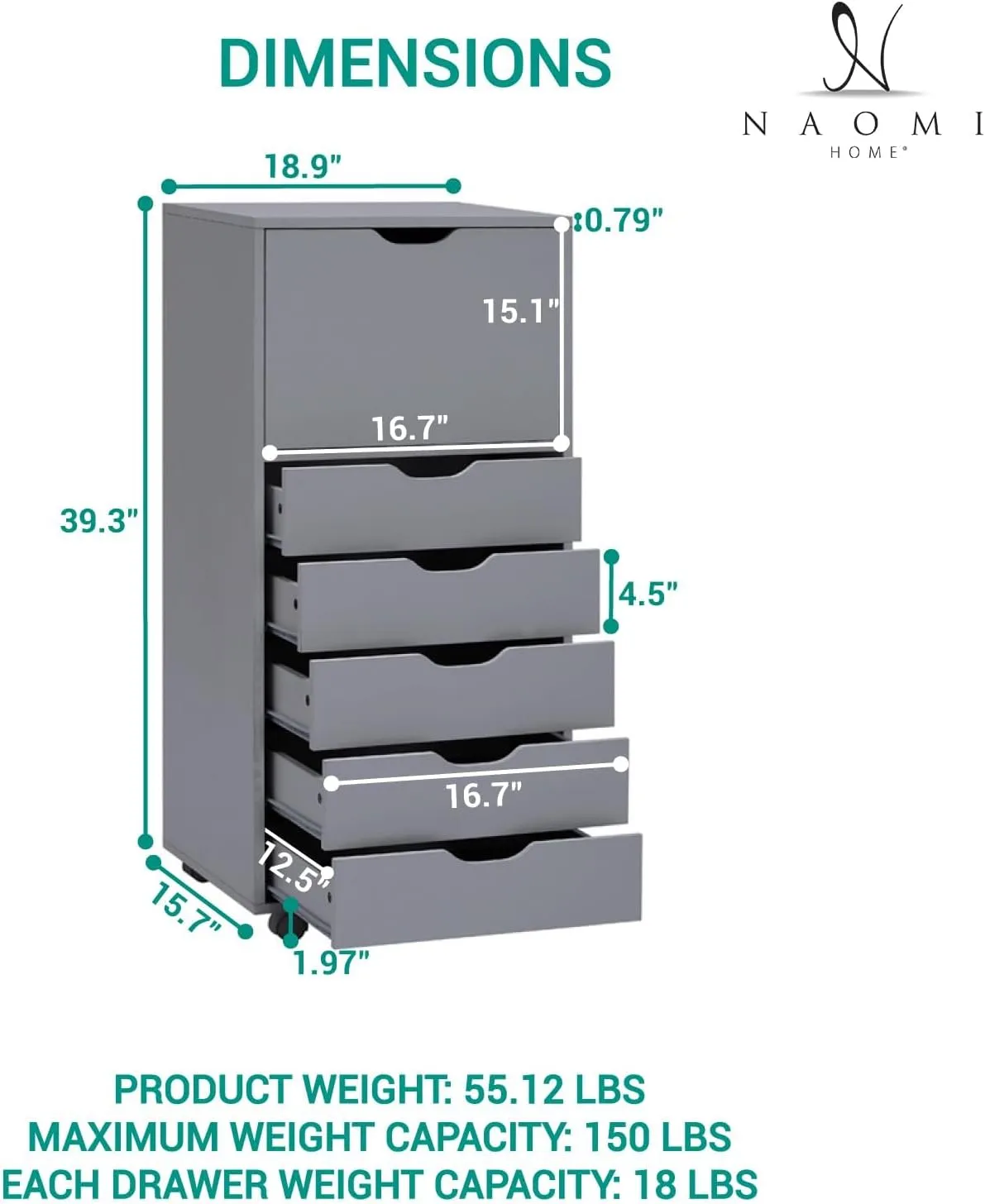 Optimized for Office, Craft, and Clothing Storage! Carly Tall Design 6-Drawer Gray File Cabinet on Wheels: Elevate Your Organization with Stylish Solutions! Ideal for Filing and Home Office Needs