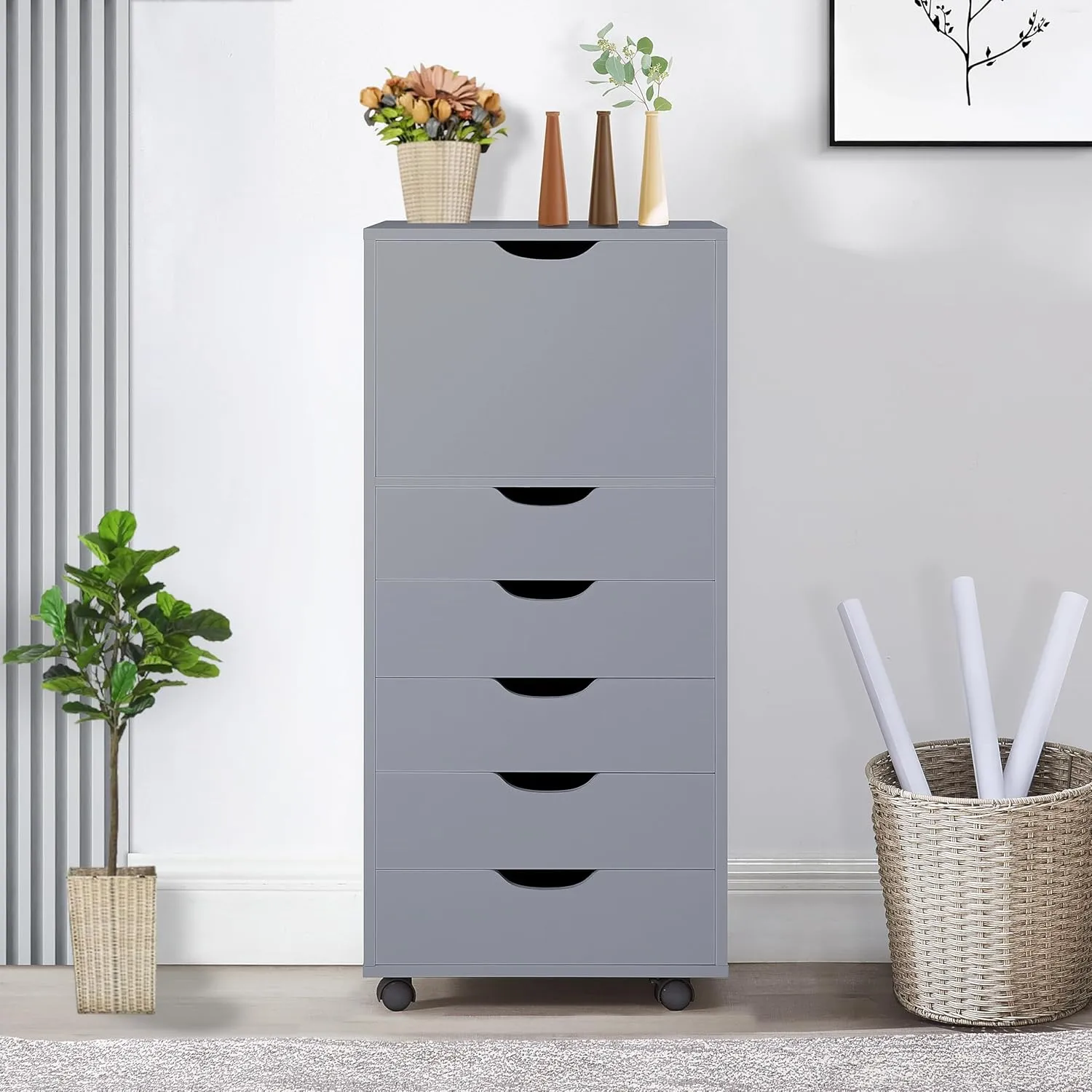 Optimized for Office, Craft, and Clothing Storage! Carly Tall Design 6-Drawer Gray File Cabinet on Wheels: Elevate Your Organization with Stylish Solutions! Ideal for Filing and Home Office Needs