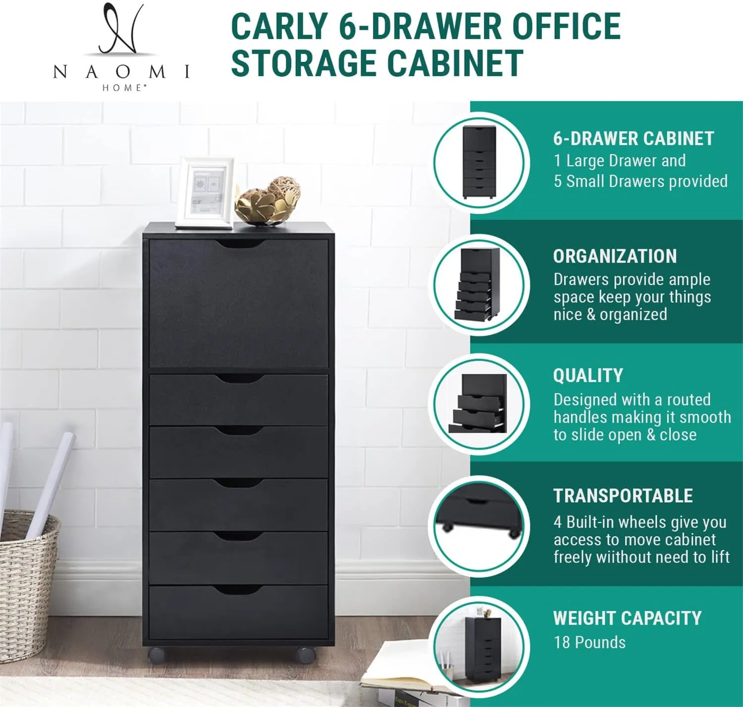 Optimized for Office, Craft, and Clothing Storage! Carly Tall Design 6-Drawer Gray File Cabinet on Wheels: Elevate Your Organization with Stylish Solutions! Ideal for Filing and Home Office Needs