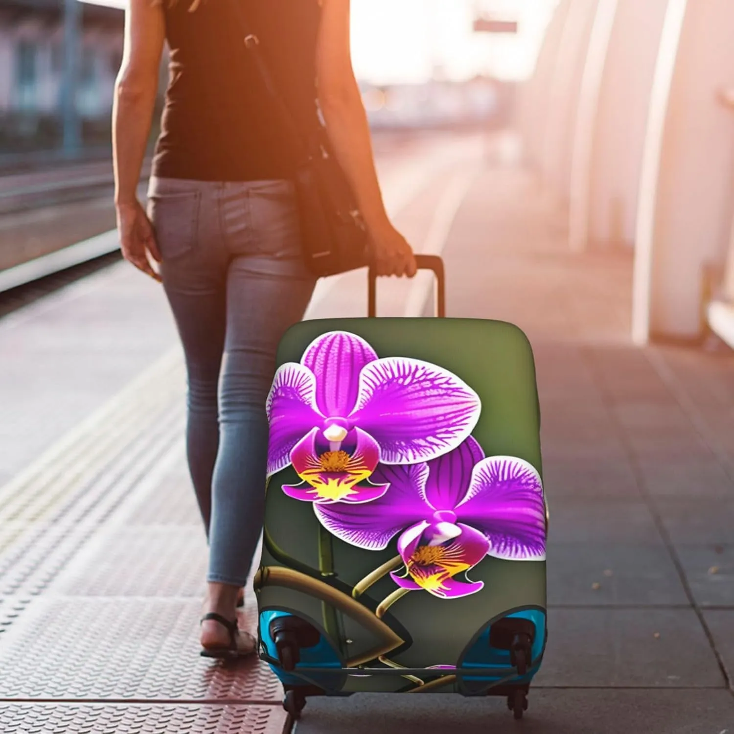 Orchid Flower Print Luggage Cover For Suitcases, Elastic Travel Bag For Luggage, Stylish Design