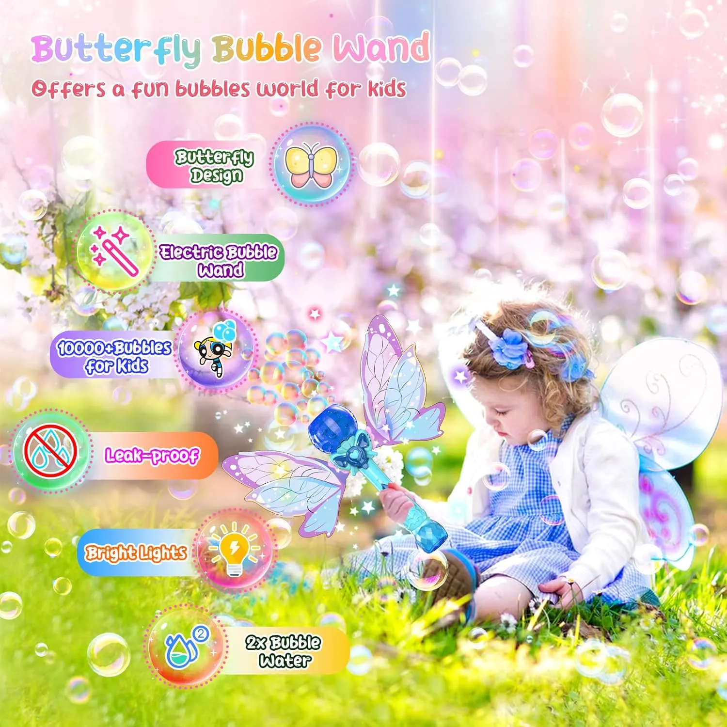 PANACARE Bubble Wand for Kids Girls Butterfly Bubble Wand Light Up Automatic Bubble Machine Blower Maker Wands with Bubble Solution,10000  Bubbles/Min for Toddlers Outdoor Party Toys Birthday Gift