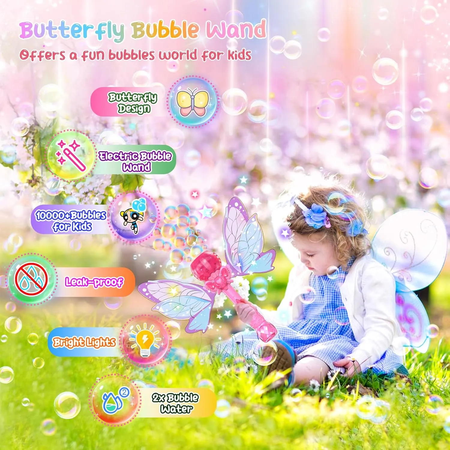 PANACARE Bubble Wand for Kids Girls Butterfly Bubble Wand Light Up Automatic Bubble Machine Blower Maker Wands with Bubble Solution,10000  Bubbles/Min for Toddlers Outdoor Party Toys Birthday Gift