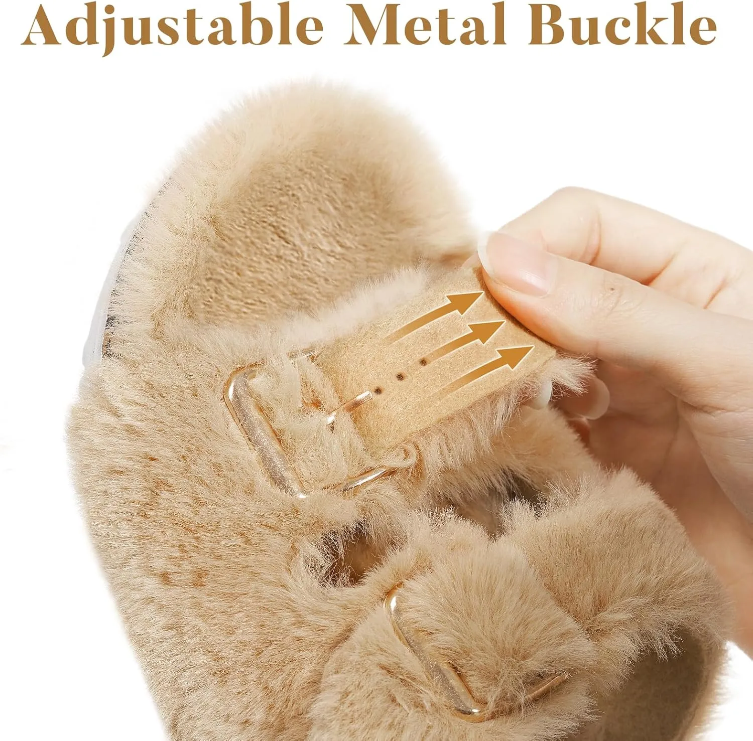 Parlovable Women's Slippers Fluffy Open Toe Fur House Shoes Arch Support Adjustable Straps Cork Slide Sandals Fuzzy Bedroom Non Slip Rubber Sole Breathable