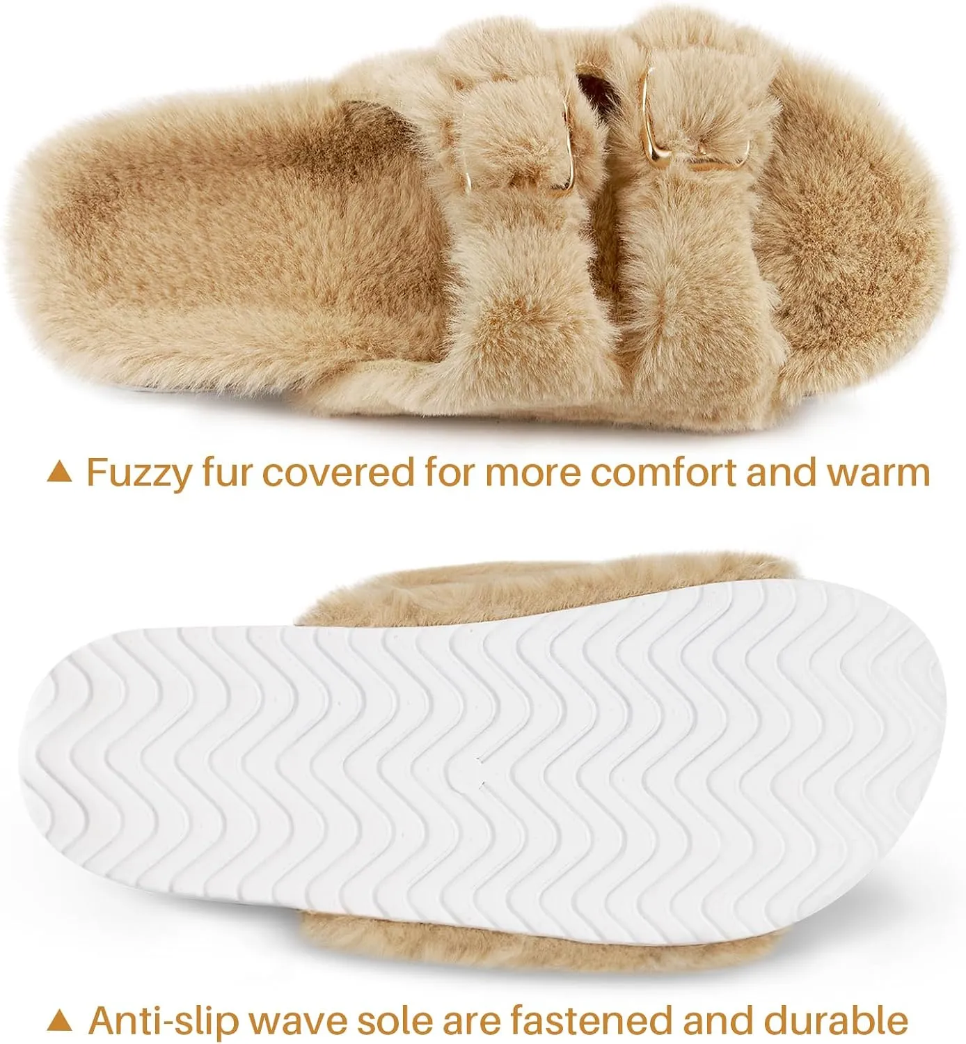 Parlovable Women's Slippers Fluffy Open Toe Fur House Shoes Arch Support Adjustable Straps Cork Slide Sandals Fuzzy Bedroom Non Slip Rubber Sole Breathable