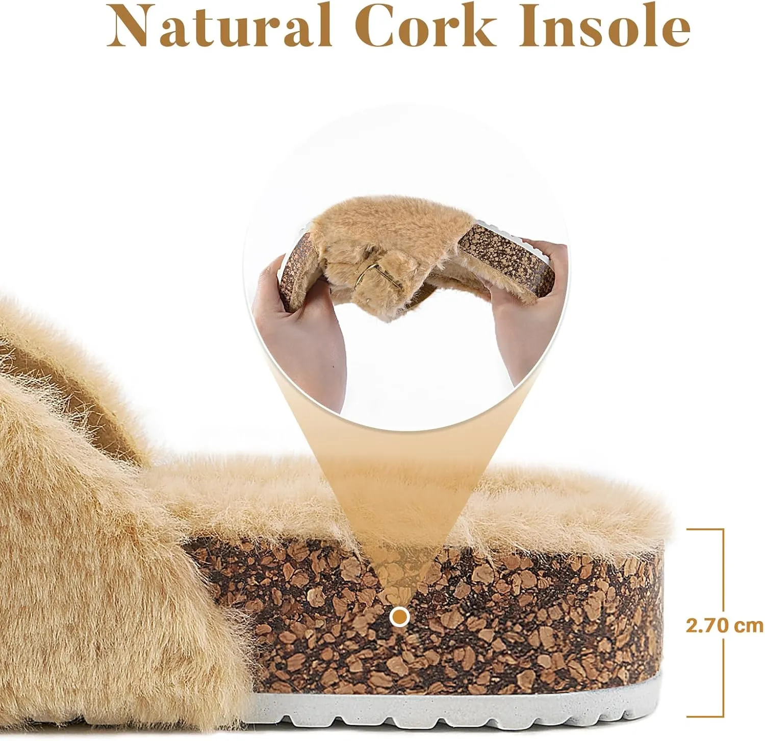 Parlovable Women's Slippers Fluffy Open Toe Fur House Shoes Arch Support Adjustable Straps Cork Slide Sandals Fuzzy Bedroom Non Slip Rubber Sole Breathable