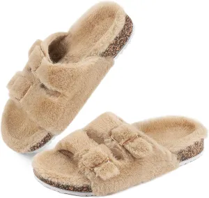 Parlovable Women's Slippers Fluffy Open Toe Fur House Shoes Arch Support Adjustable Straps Cork Slide Sandals Fuzzy Bedroom Non Slip Rubber Sole Breathable