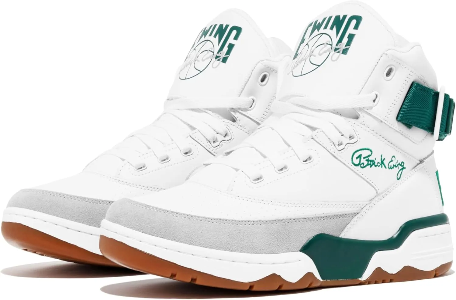 PATRICK EWING Athletics 33 Hi Men's Leather Basketball Sneaker, White With Green Accents, Gum Sole, High-Top