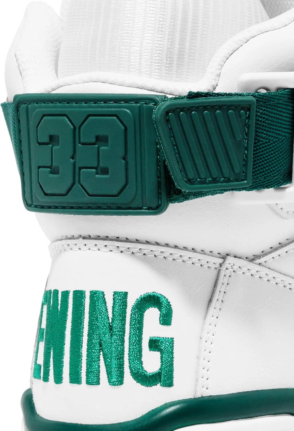 PATRICK EWING Athletics 33 Hi Men's Leather Basketball Sneaker, White With Green Accents, Gum Sole, High-Top