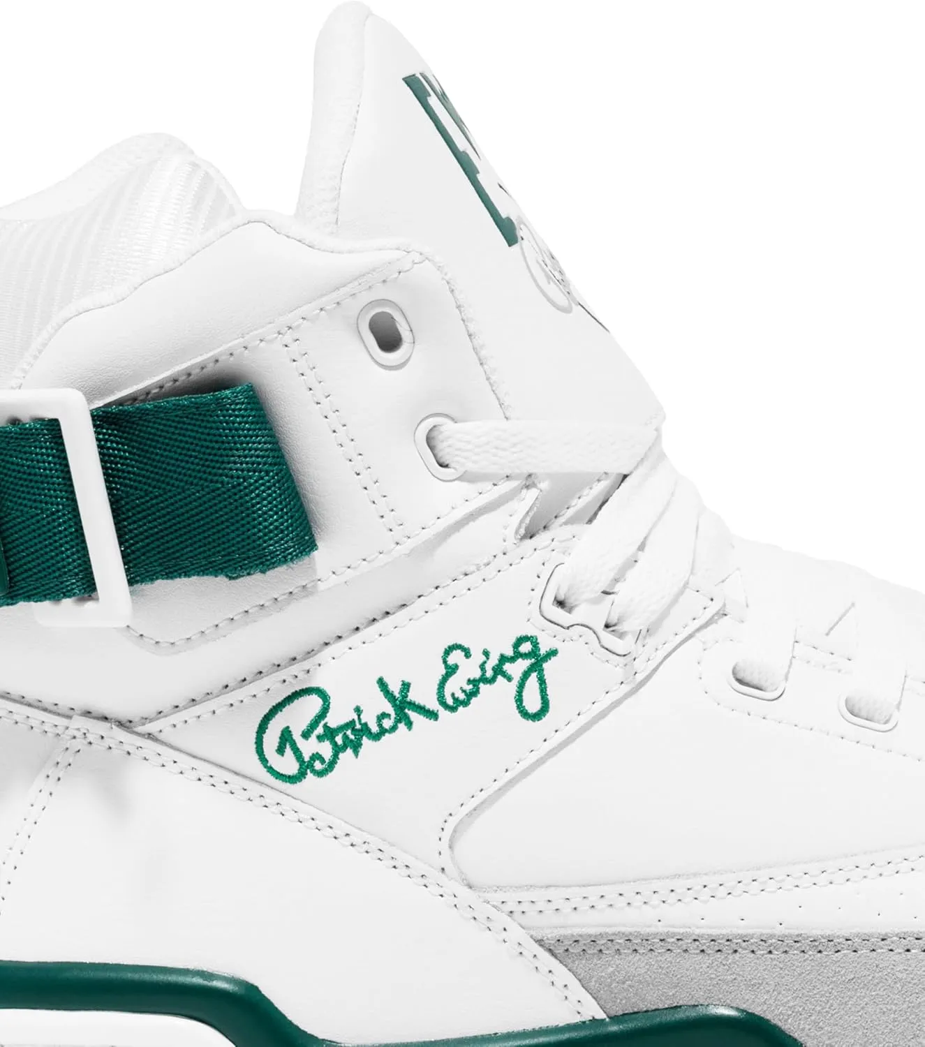 PATRICK EWING Athletics 33 Hi Men's Leather Basketball Sneaker, White With Green Accents, Gum Sole, High-Top