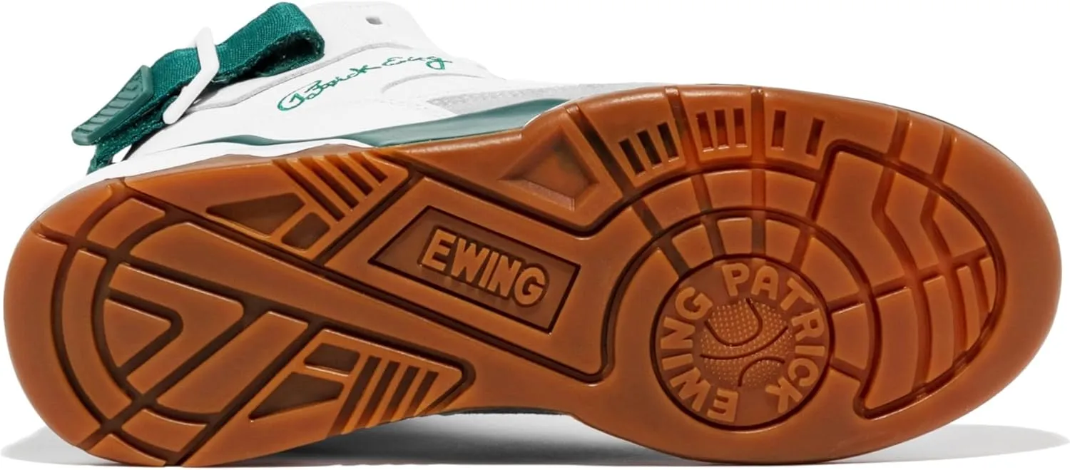 PATRICK EWING Athletics 33 Hi Men's Leather Basketball Sneaker, White With Green Accents, Gum Sole, High-Top