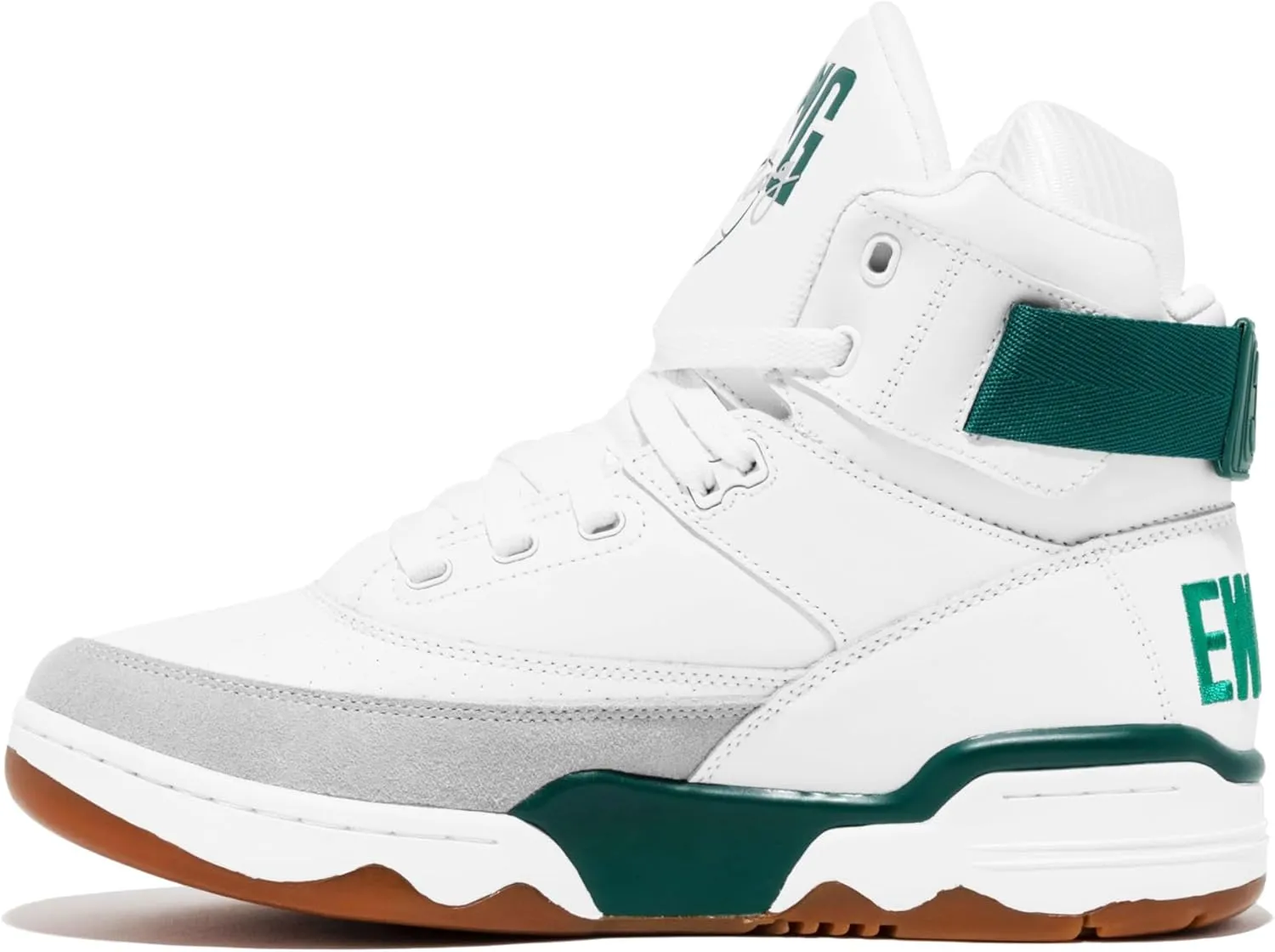 PATRICK EWING Athletics 33 Hi Men's Leather Basketball Sneaker, White With Green Accents, Gum Sole, High-Top