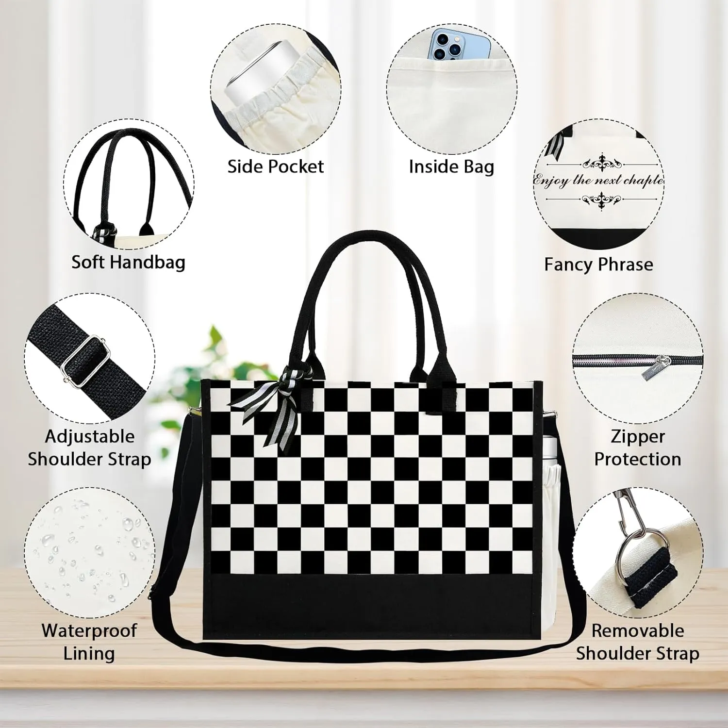 Phrase Canvas Beach Bag,Zipper and Slide Pockets,Stylish Canvas Bag Shoulder Strap and Bottom Support, Office Handbag