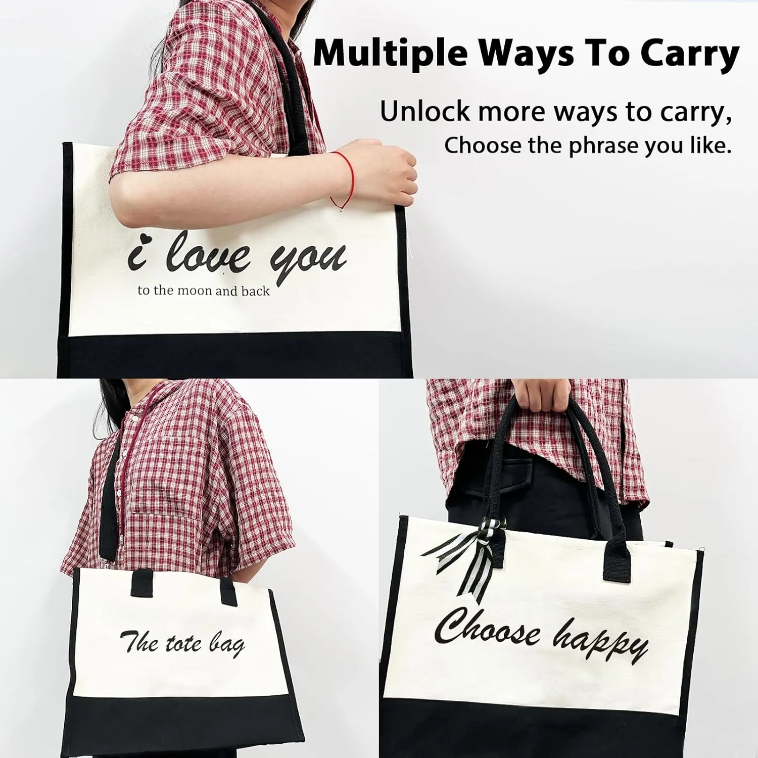 Phrase Canvas Beach Bag,Zipper and Slide Pockets,Stylish Canvas Bag Shoulder Strap and Bottom Support, Office Handbag