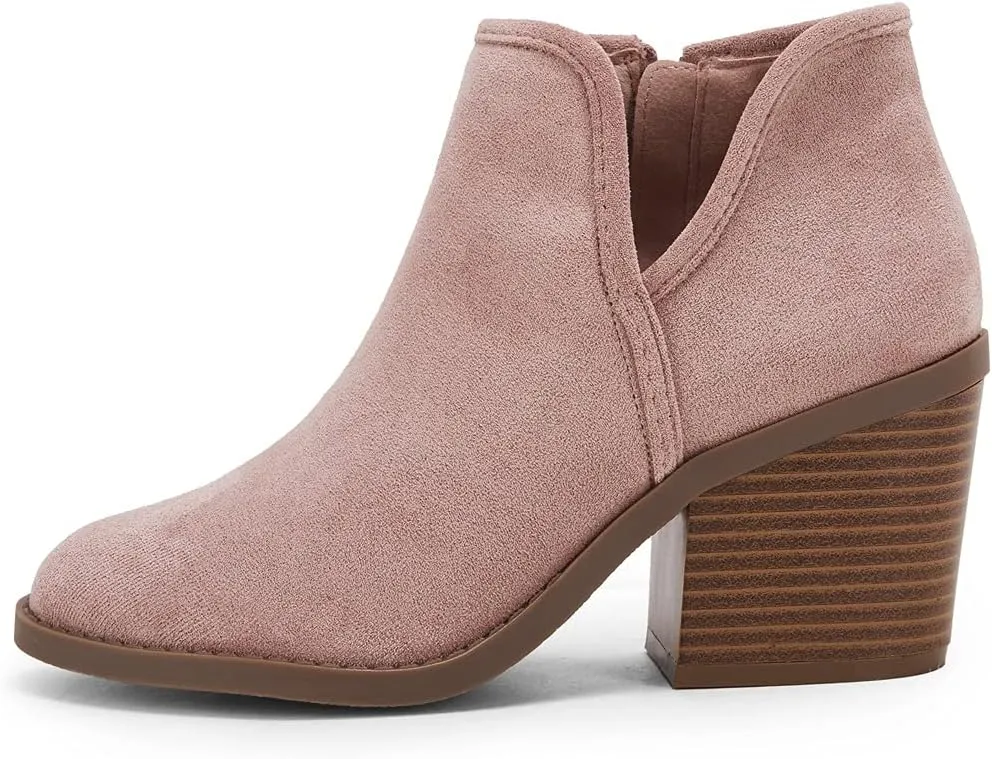 PiePieBuy Womens Ankle Boots Chunky Stacked Heel Slip on Shoes Faux Suede Side Zipper Casual Western Booties