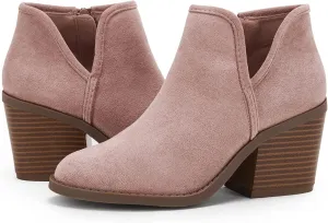 PiePieBuy Womens Ankle Boots Chunky Stacked Heel Slip on Shoes Faux Suede Side Zipper Casual Western Booties