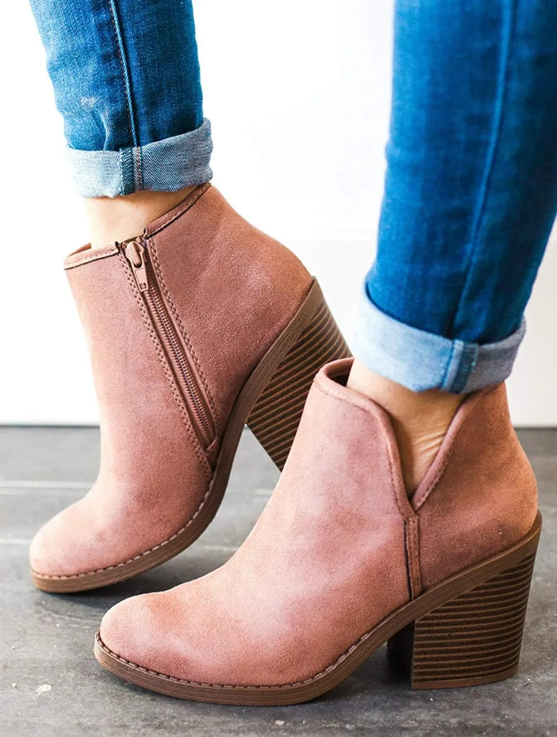 PiePieBuy Womens Ankle Boots Chunky Stacked Heel Slip on Shoes Faux Suede Side Zipper Casual Western Booties