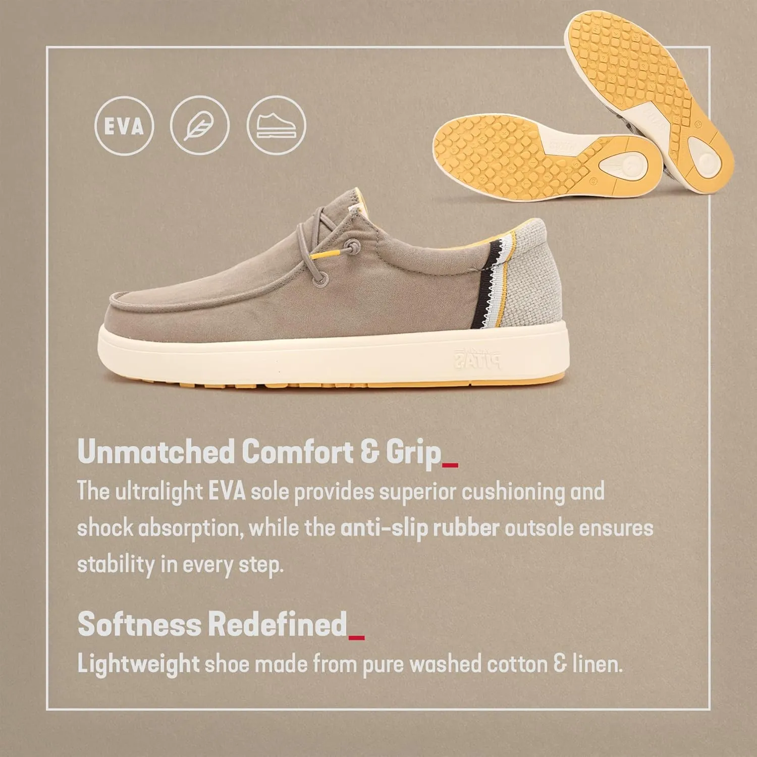 PITAS Men's Cana Slip-On Boat Shoes | Casual Loafers for Men | Comfortable & Lightweight Slip On Shoes | Taupe