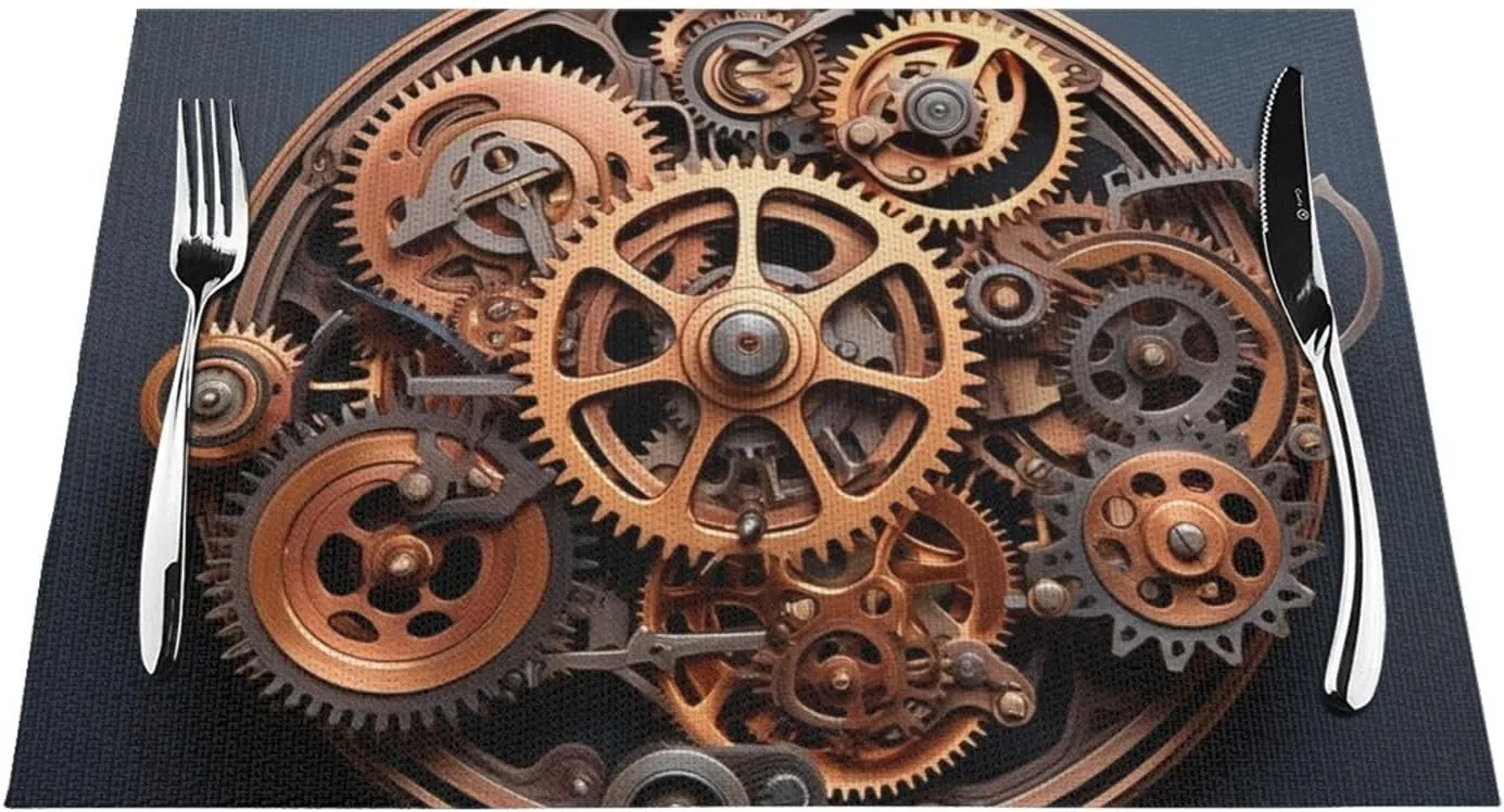 Placemats Set of 6 Washable&Wipeable Placemats,Cool Steampunk Gears, for Dining Table Kitchen Indoor Outdoor Table Mats Heat Resistant Non Slip PVC Table Placemats