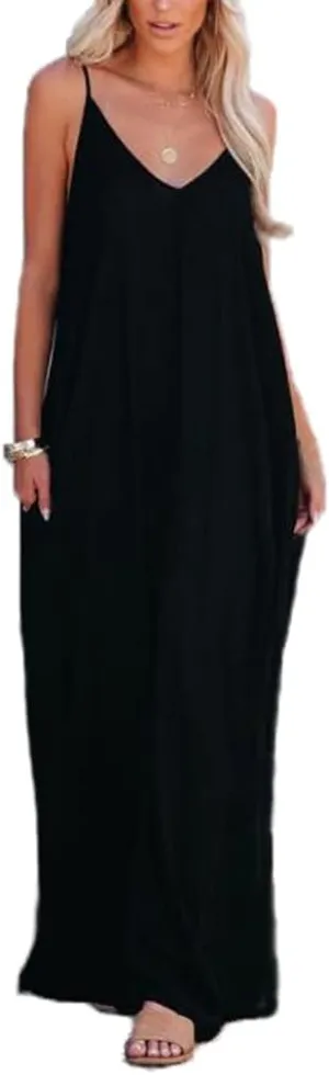 Poetsky Womens Casual Strappy V Neck Sleeveless Flowy Pockets Loose Long Maxi Beach Dress Sundress