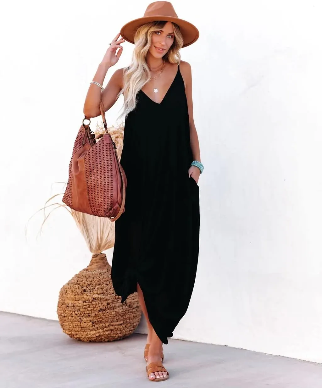 Poetsky Womens Casual Strappy V Neck Sleeveless Flowy Pockets Loose Long Maxi Beach Dress Sundress