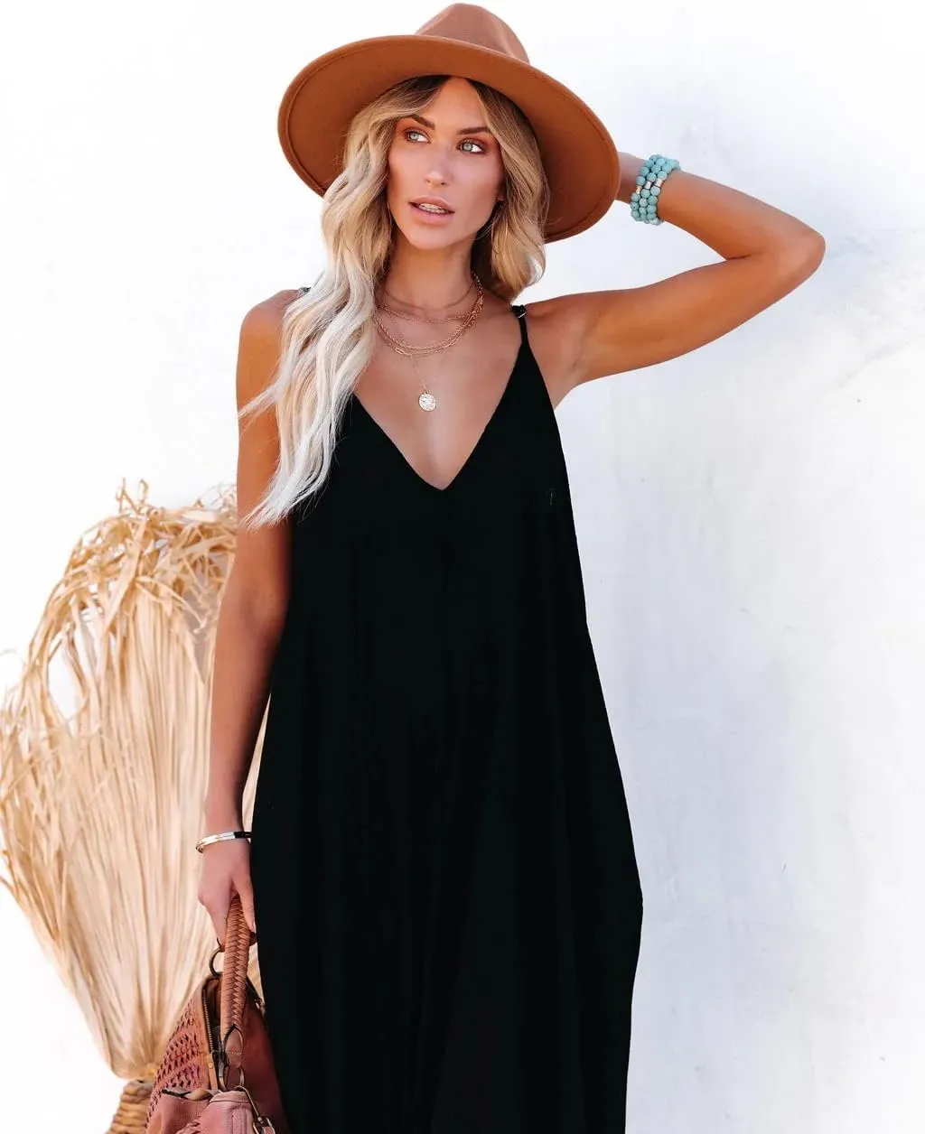 Poetsky Womens Casual Strappy V Neck Sleeveless Flowy Pockets Loose Long Maxi Beach Dress Sundress